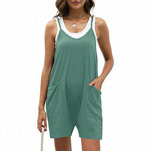Women's Casual Sleeveless Loose‎ Spaghetti Straps Rompers with Pockets X-Large